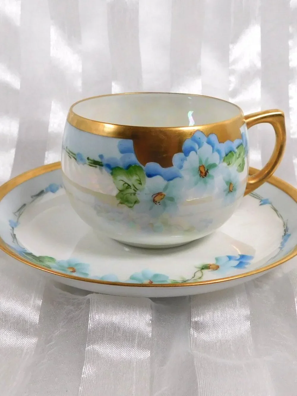 Blue Floral Teacup and Saucer with Gold Trim # 26310